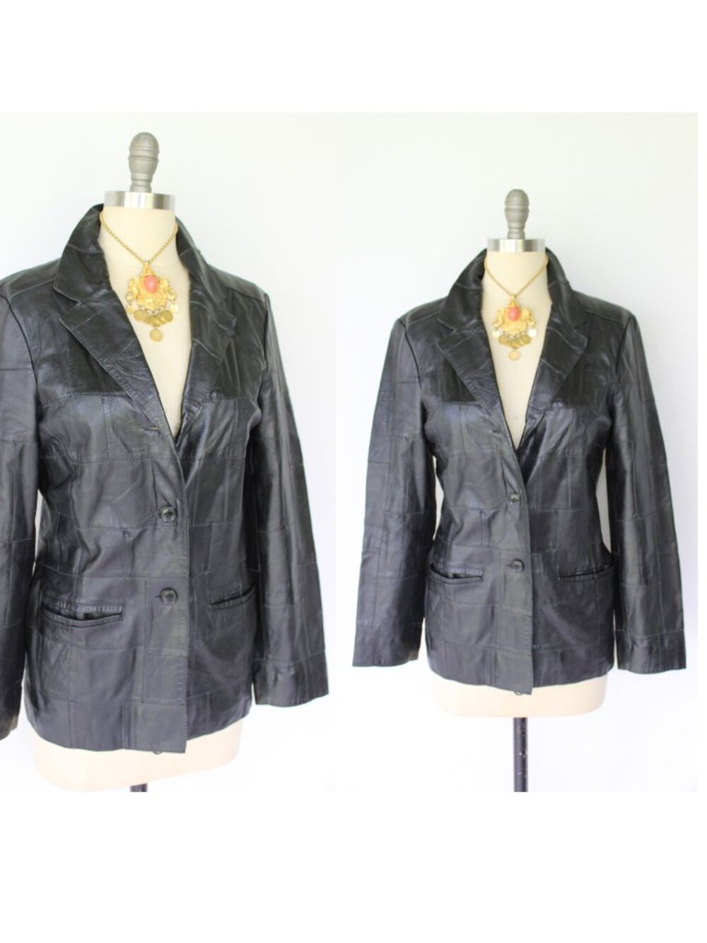 Vintage 70's black patchwork leather Spy coat jacket blazer moto patch fishscale